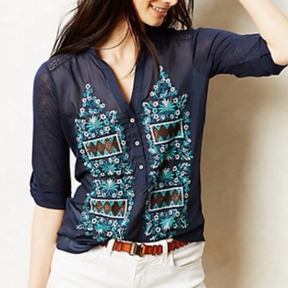 Tiny by Anthropologie Larimar Embroidered Henley Navy Small - Picture 12 of 12